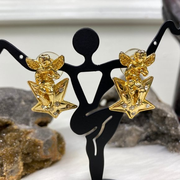 Vintage Gold Tone Angel on Star Pierced Earrings Rhinestones - Picture 2 of 8
